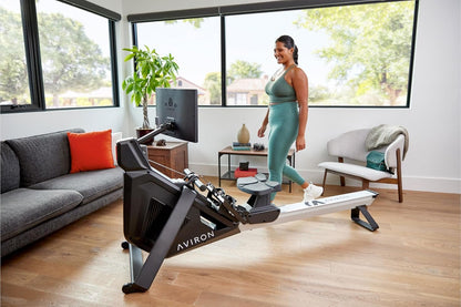 Aviron Strong Series Rower: 22″ HD Touchscreen, Dual Air & Magnetic Resistance up to 100 lbs. Game-Based Workouts, Streaming, Compact Design